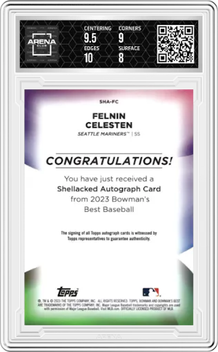 Felnin Celesten from the 2023 Bowman's Best set featuring a Lava Refractor parallel graded by Arena Club and given an overall grade of 8.5.