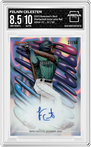 Felnin Celesten from the 2023 Bowman's Best set featuring a Lava Refractor parallel graded by Arena Club and given an overall grade of 8.5.