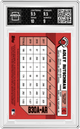 Adley Rutschman from the 2019 Bowman Draft set graded by Arena Club and given an overall grade of 9.5.