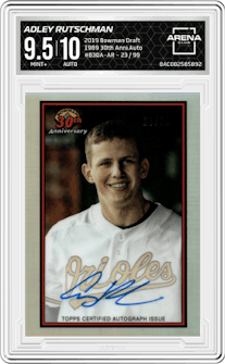 Adley Rutschman from the 2019 Bowman Draft set graded by Arena Club and given an overall grade of 9.5.