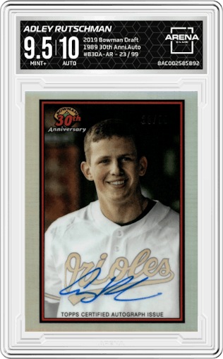 Adley Rutschman from the 2019 Bowman Draft set graded by Arena Club and given an overall grade of 9.5.