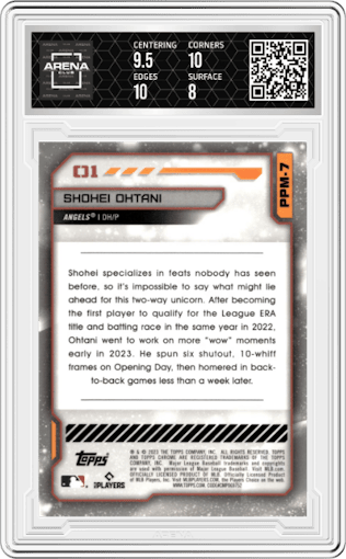 Shohei Ohtani from the 2023 Topps Cosmic Chrome set graded by Arena Club and given an overall grade of 8.5.