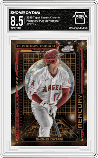 Shohei Ohtani from the 2023 Topps Cosmic Chrome set graded by Arena Club and given an overall grade of 8.5.