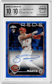 Noelvi Marte from the 2024 Topps Chrome Sapphire set graded by Arena Club and given an overall grade of 10.