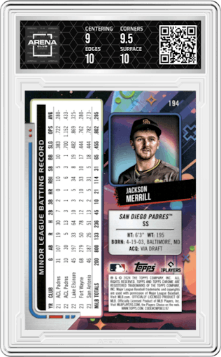 Jackson Merrill from the 2024 Topps Cosmic Chrome set featuring a Aqua Equinox Refractor parallel graded by Arena Club and given an overall grade of 9.5.