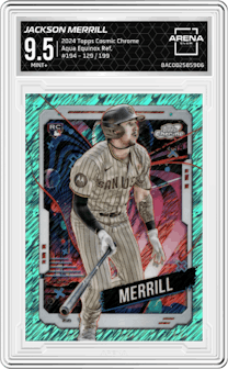 Jackson Merrill from the 2024 Topps Cosmic Chrome set featuring a Aqua Equinox Refractor parallel graded by Arena Club and given an overall grade of 9.5.