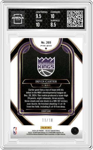 Devin Carter from the 2024-25 Panini Select set featuring a Pulsar Neon Orange FOTL Prizm parallel graded by Arena Club and given an overall grade of 9.