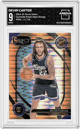 Devin Carter from the 2024-25 Panini Select set featuring a Pulsar Neon Orange FOTL Prizm parallel graded by Arena Club and given an overall grade of 9.
