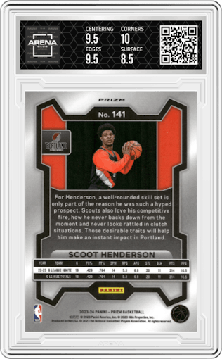 Scoot Henderson from the 2023-24 Panini Prizm set featuring a Ice Prizm parallel graded by Arena Club and given an overall grade of 9.