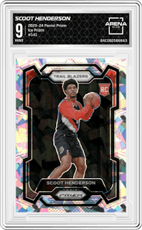 Scoot Henderson from the 2023-24 Panini Prizm set featuring a Ice Prizm parallel graded by Arena Club and given an overall grade of 9.
