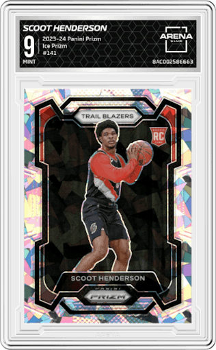 Scoot Henderson from the 2023-24 Panini Prizm set featuring a Ice Prizm parallel graded by Arena Club and given an overall grade of 9.