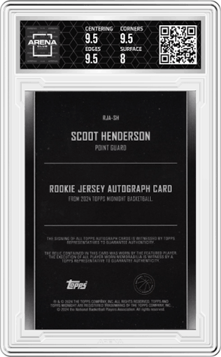 Scoot Henderson from the 2023-24 Topps Midnight set featuring a Midnight parallel graded by Arena Club and given an overall grade of 8.5.