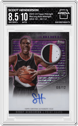 Scoot Henderson from the 2023-24 Topps Midnight set featuring a Midnight parallel graded by Arena Club and given an overall grade of 8.5.