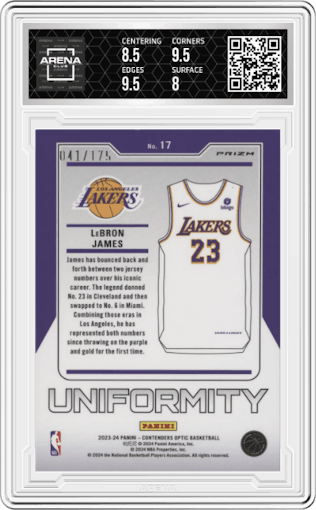LeBron James from the 2023-24 Panini Contenders Optic set featuring a Red Cracked Ice parallel graded by Arena Club and given an overall grade of 9.