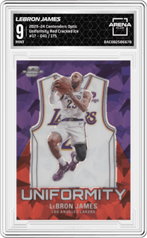 LeBron James from the 2023-24 Panini Contenders Optic set featuring a Red Cracked Ice parallel graded by Arena Club and given an overall grade of 9.