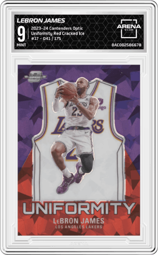 LeBron James from the 2023-24 Panini Contenders Optic set featuring a Red Cracked Ice parallel graded by Arena Club and given an overall grade of 9.