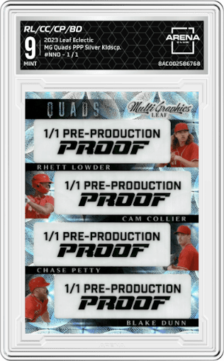 Rhett Lowder/Cam Collier/Chase Petty/Blake Dunn from the 2023 Leaf Eclectic set featuring a Pre-Production Proof Silver Kaleidoscope parallel graded by Arena Club and given an overall grade of 9.