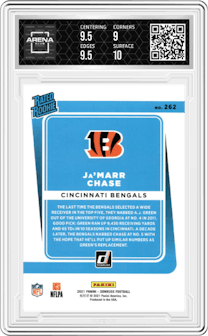 Ja'Marr Chase from the 2021 Panini Donruss set featuring a Press Proof Blue parallel graded by Arena Club and given an overall grade of 9.5.
