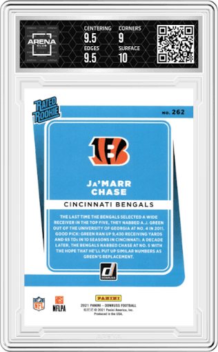 Ja'Marr Chase from the 2021 Panini Donruss set featuring a Press Proof Blue parallel graded by Arena Club and given an overall grade of 9.5.
