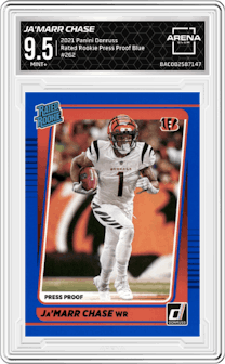 Ja'Marr Chase from the 2021 Panini Donruss set featuring a Press Proof Blue parallel graded by Arena Club and given an overall grade of 9.5.