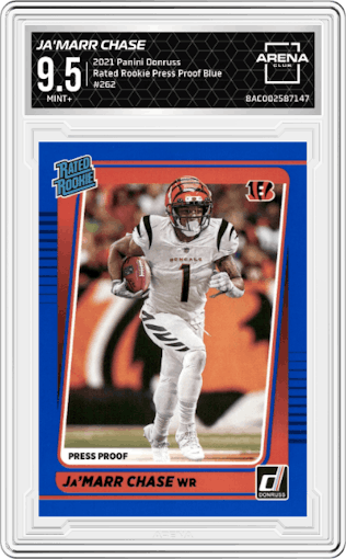 Ja'Marr Chase from the 2021 Panini Donruss set featuring a Press Proof Blue parallel graded by Arena Club and given an overall grade of 9.5.