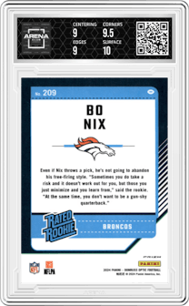 Bo Nix from the 2024 Donruss Optic set featuring a Pink parallel graded by Arena Club and given an overall grade of 9.5.
