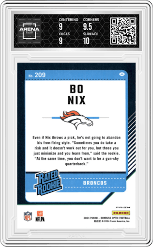 Bo Nix from the 2024 Donruss Optic set featuring a Pink parallel graded by Arena Club and given an overall grade of 9.5.