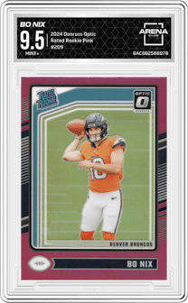 Bo Nix from the 2024 Donruss Optic set featuring a Pink parallel graded by Arena Club and given an overall grade of 9.5.