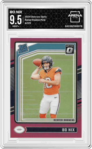 Bo Nix from the 2024 Donruss Optic set featuring a Pink parallel graded by Arena Club and given an overall grade of 9.5.