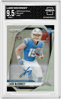 Ladd McConkey from the 2024 Panini Prizm set graded by Arena Club and given an overall grade of 9.5.