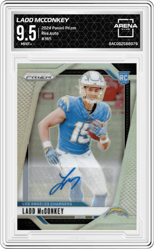 Ladd McConkey from the 2024 Panini Prizm set graded by Arena Club and given an overall grade of 9.5.