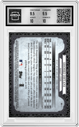 Shohei Ohtani from the 2019 Bowman  set featuring a Atomic Refractor parallel graded by Arena Club and given an overall grade of 10.