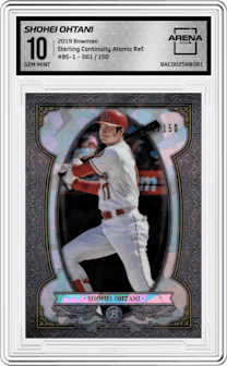 Shohei Ohtani from the 2019 Bowman  set featuring a Atomic Refractor parallel graded by Arena Club and given an overall grade of 10.