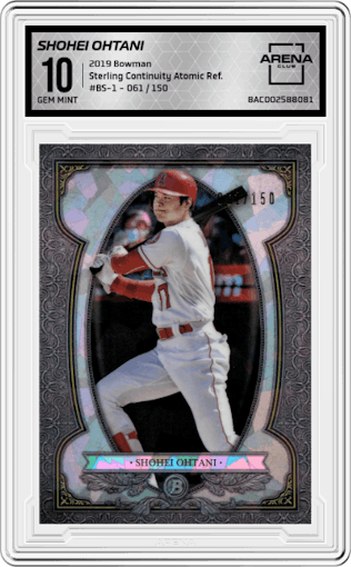 Shohei Ohtani from the 2019 Bowman  set featuring a Atomic Refractor parallel graded by Arena Club and given an overall grade of 10.