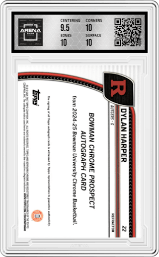 Dylan Harper  from the 2024-25 Bowman University Chrome set featuring a Refractor parallel graded by Arena Club and given an overall grade of 10.