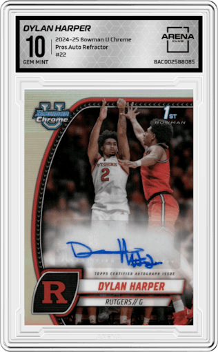 Dylan Harper  from the 2024-25 Bowman University Chrome set featuring a Refractor parallel graded by Arena Club and given an overall grade of 10.