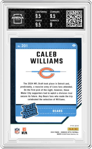 Caleb Williams from the 2024 Donruss Optic set featuring a Purple Shock parallel graded by Arena Club and given an overall grade of 9.5.