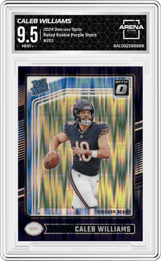 Caleb Williams from the 2024 Donruss Optic set featuring a Purple Shock parallel graded by Arena Club and given an overall grade of 9.5.