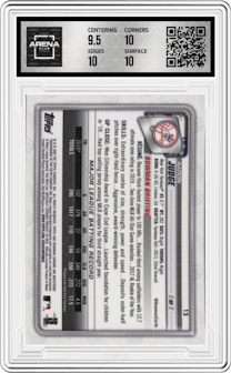 Aaron Judge from the 2020 Bowman Chrome set featuring a Green Refractor parallel and given an overall grade of 10.