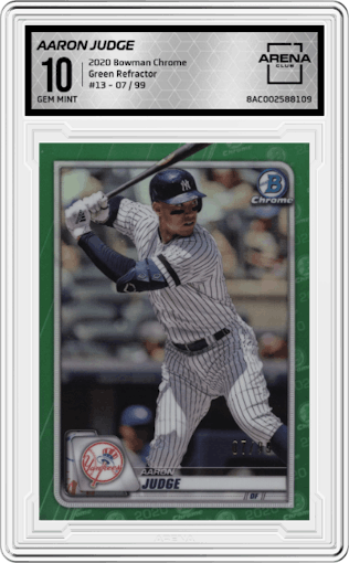 Aaron Judge from the 2020 Bowman Chrome set featuring a Green Refractor parallel graded by Arena Club and given an overall grade of 10.