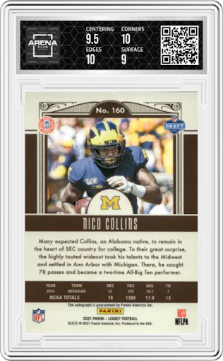 Nico Collins from the 2021 Panini Legacy set graded by Arena Club and given an overall grade of 9.5.