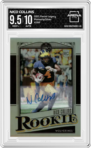 Nico Collins from the 2021 Panini Legacy set graded by Arena Club and given an overall grade of 9.5.