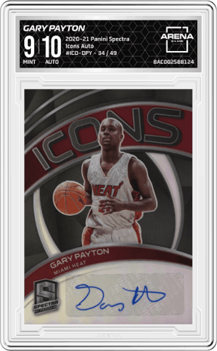 Gary Payton from the 2020-21 Panini Spectra set graded by Arena Club and given an overall grade of 9.