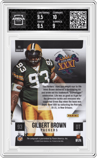 Gilbert Brown from the 2020 Panini Immaculate Collection set graded by Arena Club and given an overall grade of 9.5.