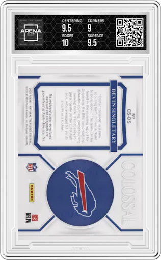 Devin Singletary from the 2020 Panini National Treasures set featuring a Prime  parallel graded by Arena Club and given an overall grade of 9.5.