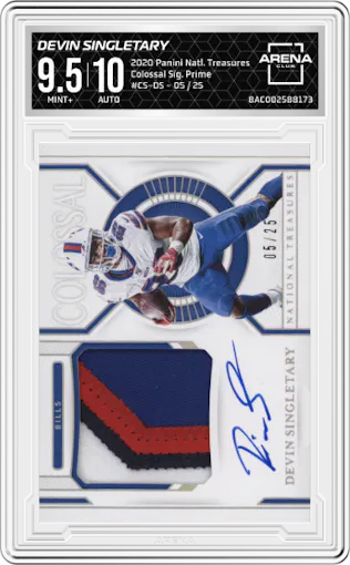 Devin Singletary from the 2020 Panini National Treasures set featuring a Prime  parallel graded by Arena Club and given an overall grade of 9.5.