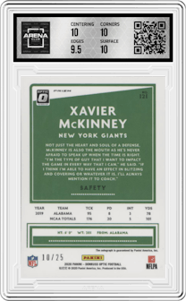 Xavier McKinney from the 2020 Panini Donruss Optic set featuring a Black Pandora parallel and given an overall grade of 10.