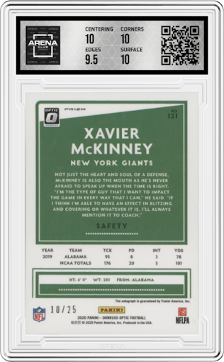 Xavier McKinney from the 2020 Panini Donruss Optic set featuring a Black Pandora parallel graded by Arena Club and given an overall grade of 10.
