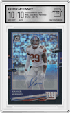 Xavier McKinney from the 2020 Panini Donruss Optic set featuring a Black Pandora parallel graded by Arena Club and given an overall grade of 10.