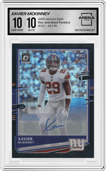 Xavier McKinney from the 2020 Panini Donruss Optic set featuring a Black Pandora parallel and given an overall grade of 10.